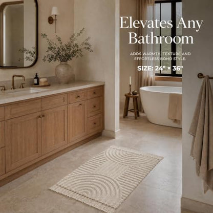 KIBAGA Beautiful Boho Rug with Tassels for Bathroom - Soft 2x3 ft Cotton