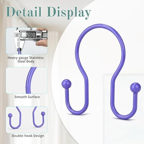 Goowin Shower Curtain Hooks, 12 Pcs Shower Curtain Rings, Stainless Steel Shower Curtain Hangers, Metal Shower Curtain Hooks Rings Rust Proof, Minimalist Shower Hooks for Shower Curtain, Purple