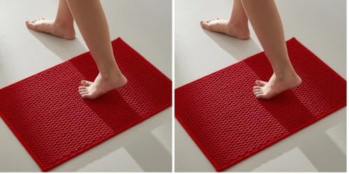 TYUU Christmas Bathroom Rugs Non Slip Washable, Super Absorbent Thin Bath Mat Small Quick Dry Low Pile Bathroom Rug, Red 16"x24" (Pack of 2)