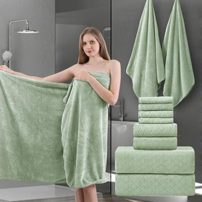 8-Piece Green Bath Towels Set,2 Oversized Large Bath Towels Sheet,2 Hand Towels and 4 Washcloths - 600 GSM Soft Luxury Towel Set,Highly Absorbent Quick Dry Towel Collection for Bathroom,Hotel and Spa