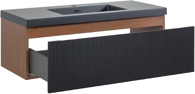 42 Inch Floating Bathroom Vanity with Sink, Wall Mounted Striped Storage Cabinet, Soft Close Drawer, Black Quartz Sand Basin, Fully Assembled, Smoked Walnut Finish