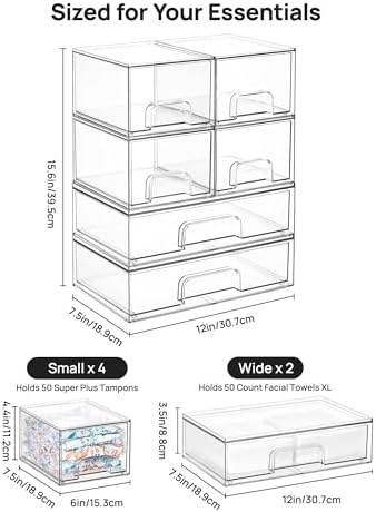 Vtopmart Stackable Storage Drawers Set of 6, Clear Plastic Organizer Bins for Bathroom Supplies, Ideal for Cabinet,Shelf, Pantry, Laundry Room Organization