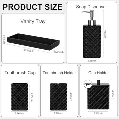 Bathroom Accessories Set Resin 6PCS, Square Toothbrush Holders Set Complete with Soap Dispenser, Vanity Tray, Tumbler, Cups and Cotton Swab Jars (Black Diamond, Resin Bath 6 PCS)