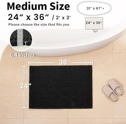 Black Bathroom Rug, Waffle Bath Mat Non Slip Washable, 24" x 36"