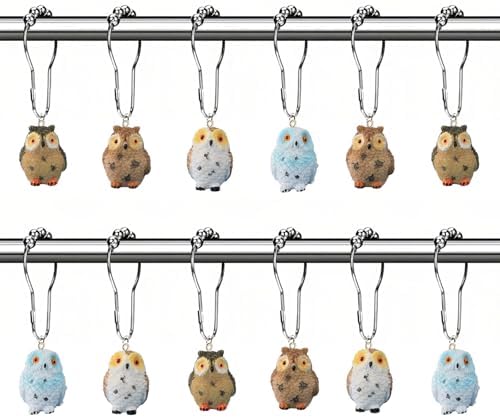 12Pcs Owl Shower Curtain Hooks Decorative for Curtain Rods, Cute Animals Shower Curtain Rings, Silver Stainless Steel Metal Shower Curtain Hanger Hooks, Kids Whimsical Bathroom Decor Accessories