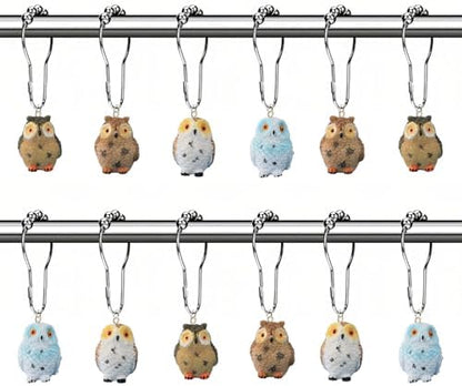 12Pcs Owl Shower Curtain Hooks Decorative for Curtain Rods, Cute Animals Shower Curtain Rings, Silver Stainless Steel Metal Shower Curtain Hanger Hooks, Kids Whimsical Bathroom Decor Accessories