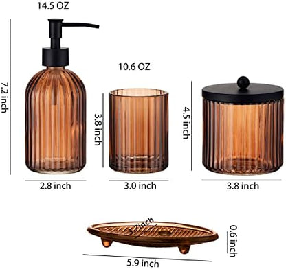 4PCs Heavy Weight Decent Glass Bathroom Accessories Set with Decorative Pressed Pattern - Includes Hand Soap Dispenser & Tumbler & Soap Dish & Toothbrush Holder (Brown)
