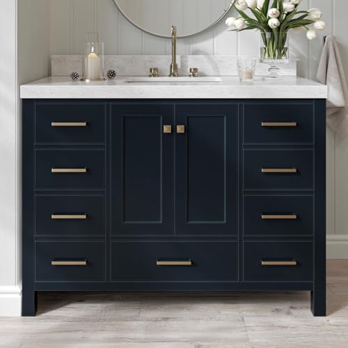 ARIEL Cambridge 48-inch Bathroom Vanity with Sink,Solid Wood, 2-inch Italian Carrara Marble Countertop, Single Rectangular Porcelain Sink, 2 Soft Closing Doors, 9 Dovetail Drawers, Midnight Blue
