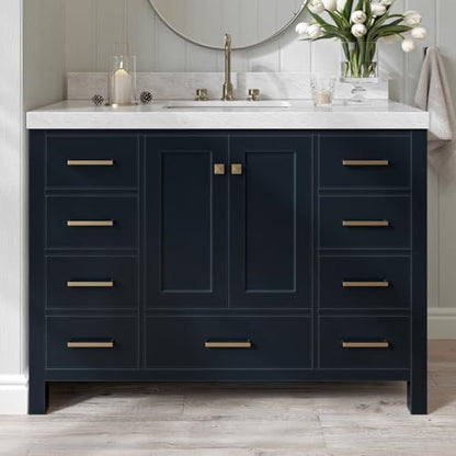 ARIEL Cambridge 48-inch Bathroom Vanity with Sink,Solid Wood, 2-inch Italian Carrara Marble Countertop, Single Rectangular Porcelain Sink, 2 Soft Closing Doors, 9 Dovetail Drawers, Midnight Blue