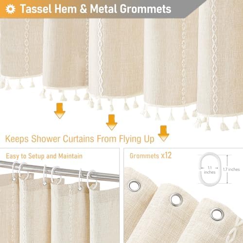 BTTN 72x78 Long Boho Farmhouse Linen Heavy Duty Shower Curtain, Cream/Beige