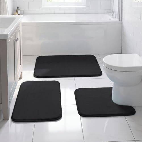 H.VERSAILTEX Bath Mat Memory Foam Set Bathroom Rug Set Flannel Velvety Extra Soft and Absorbent Non Slip Rugs for Bathroom/Bedroom Washable(20"x 32" + 17"x 24" + 20"x 24"U-Shaped, Black)