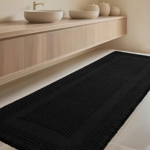 IM HOME Extra Large Waffle Bath Mat, Boho Bathroom Rugs Absorbent Non Slip, Soft Bathroom Mats, Machine Washable Knit Bath Rugs with Tassels for Bathroom, Bedroom, Kitchen, Shower, Tub, Black, 5'x2'