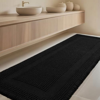 IM HOME Extra Large Waffle Bath Mat, Boho Bathroom Rugs Absorbent Non Slip, Soft Bathroom Mats, Machine Washable Knit Bath Rugs with Tassels for Bathroom, Bedroom, Kitchen, Shower, Tub, Black, 5'x2'