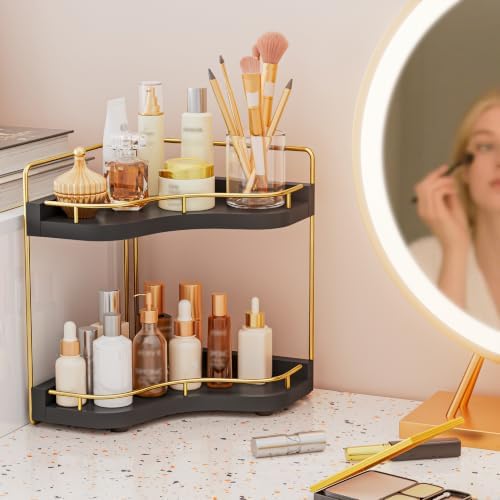 2-Tier Corner Bathroom Counter Organizer, Larger, Black Gold