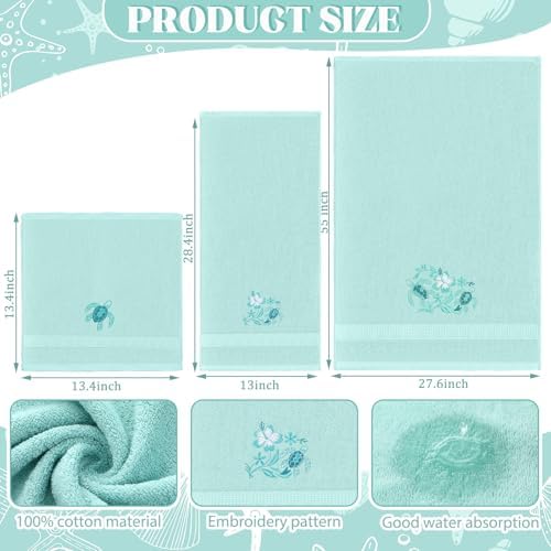 3 Pcs Rustic Sea Turtle Bathroom Towel Set Farmhouse Embroidered Sea Turtle Towels Vintage Decorative 100% Cotton Bath Towel Highly Absorbent Elegant Summer Decor Set for Bathroom