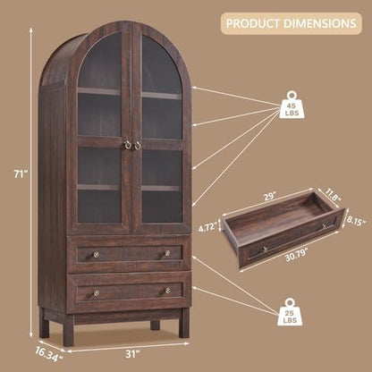 71" Tall Arched Bathroom Storage Cabinet, 4-Tier Wooden Bathroom, Brown