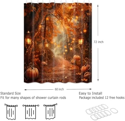Fall Pumpkins Shower Curtain，Halloween Autumn Thanksgiving Harvest Forest Rural Trail Bathroom Decor，60 x 72 Inch Polyester Fabric Waterproof Bathroom Curtain with Hooks