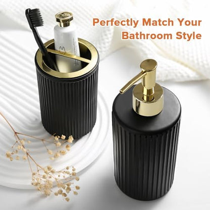RYTOXILO Matte Black and Gold Bathroom Accessories Set, 4 Pack Glass Bath Accessory Sets Complete, Ribbed Soap Dispenser and Toothbrush Holder Set with 2 Qtip Holders, Modern Gold Bathroom Decor