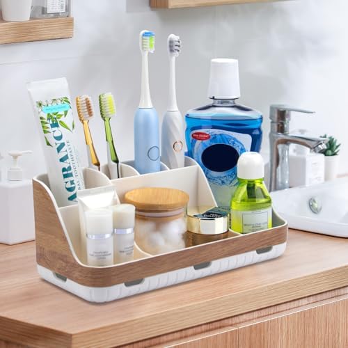GFWARE Bathroom Countertop Organizer - Detachable 7 Slots Kids Electric Toothbrush and Toothpaste Holde Drainage for Bathroom Accessories Organization Counter Vanity Storage, Woodgrain