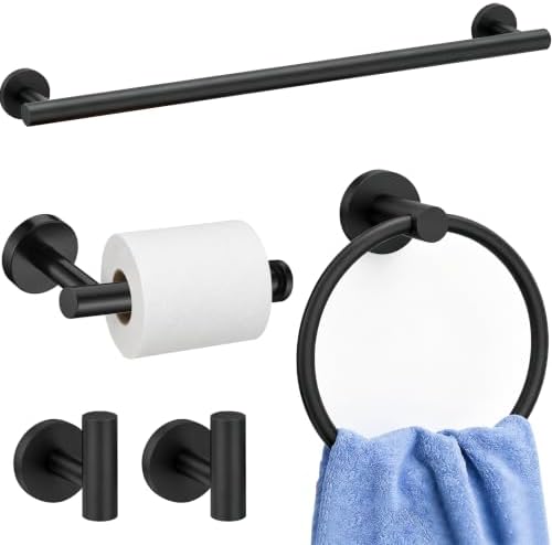 5 Pieces Bathroom Hardware Accessories Set Matte Black, 24Inch Round Towel Racks Set for Bathroom, SUS304 Stainless Steel Towel Bar Set, Toilet Paper Holder Wall Mounted