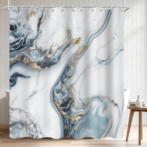 Ocean Blue Marble Shower Curtain Modern Abstract Luxury Gold Ink Texture Gray Ombre Watercolor Bathroom Curtain Set with Hooks Soft and Lightweight Waterproof Fabric Machine Washable 72"Wx84"L