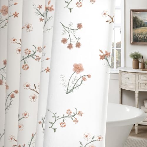 Floral Farmhouse Vintage Cotton Shower Curtain Embroidered Textured 72Wx72H