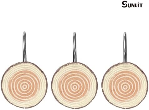 Sunlit Farmhouse Wooden Slices Shower Curtain Hooks, Rustic Home Decorative Shower Curtain Rings for Bathroom, Resin Shower Curtain Hangers Bathroom Accessories, Set of 12, Brown