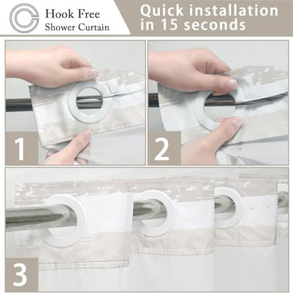 No Hook Shower Curtain with Liner, Creme Stripe, 71x74 Inch