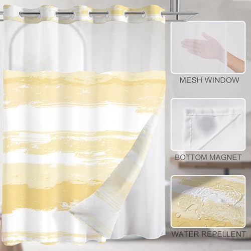 No Hook Shower Curtain with Liner, Yellow Stripe, 71x74 Inch