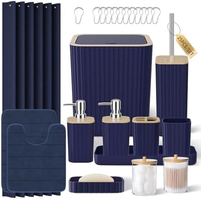 XLHOMO Bathroom Set - 25PC Blue Bathroom Set with Shower Curtain and Rugs, Bathroom Accessories Set, Blue Shower Curtain Set with Bathroom Trash Can