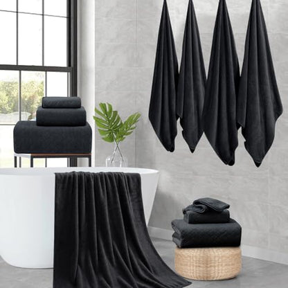 Luxury Bath Towels Set - 12 Piece (4 Large Bath Towels,4 Hand Towels,4 Washcloths), 100% Microfiber,Extra Absorbent Super Soft & Quick Dry,Complete Family Pack for Bathroom Gym Pool,Black