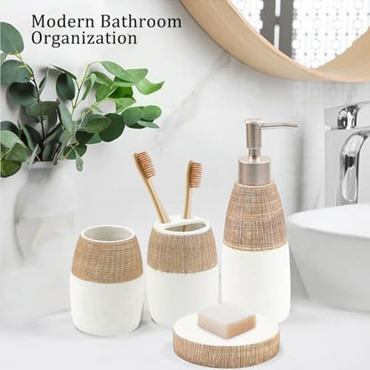 CERBIOR Bathroom Accessories Set,4 PCS Ceramic Bath Accessory,Brown White