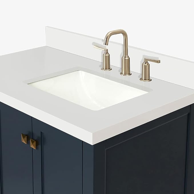 ARIEL Cambridge 36-inch Bathroom Vanity with Sink,Solid Wood, 1.5-inch Pure White Quartz Countertop, Single Rectangular Porcelain Sink, 2 Soft Closing Doors, 5 Dovetail Drawers, Midnight Blue