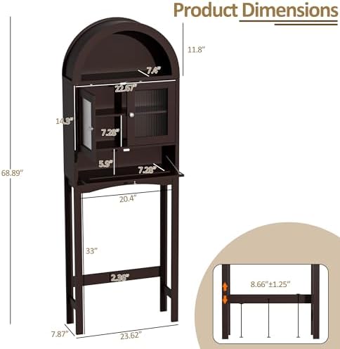 Spurgehom Over The Toilet Storage Cabinet with Glass Door (Coffee)