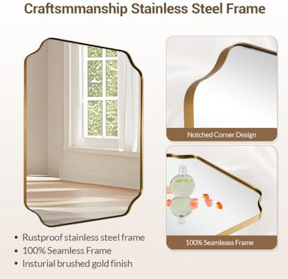 MIRRORART 24x30’’ Gold Bathroom Mirror, Scalloped Mirrors for Bathroom Sink, Notched Corner Rectangle Mirror in 1’’ Premium Stainless Steel Metal Frame Home Remodel Wall Mount Vertical/Horizontal