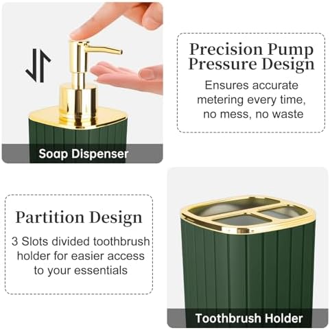 RRM Bathroom Soap Dispenser and Toothbrush Holder Set, Dark Green