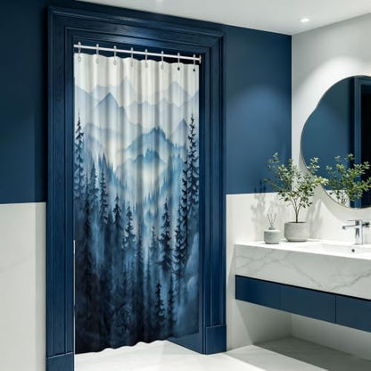 Navy Blue Forest Stall Shower Curtain, 47X64 in Narrow Small, Mountain