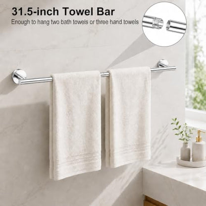 Polished Chrome Bathroom Accessories Set, 7 Pieces Towel Bar Bathroom Hardware Set, 31.5 Inch Towel Racks for Bathroom, SUS304 Stainless Steel Bathroom Towel Holder Toilet Paper Holder Wall Mounted