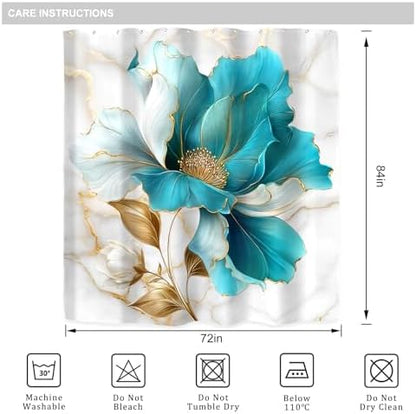 Teal Gold Marble Floral Extra Long Abstract Art Bathroom Shower Curtain Set