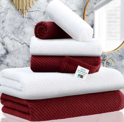VOOVA & MOVAS 6PC Towel Set, 100% Cotton, Burgundy Red White