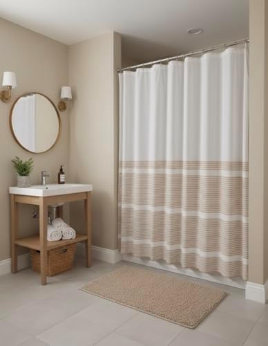 Serafina Home Tan Beige White Striped Cotton Bathroom Shower Curtain