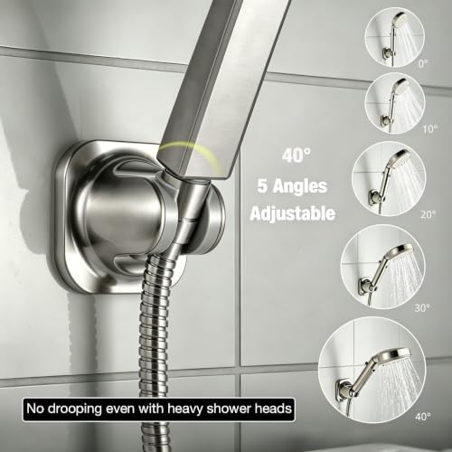 Handheld Shower Head Holder - 5 Angles Adjustable - Concealed Adhesive Mount with Screw Option - Wall Mount Shower Hose Holder (Brushed Nickle)