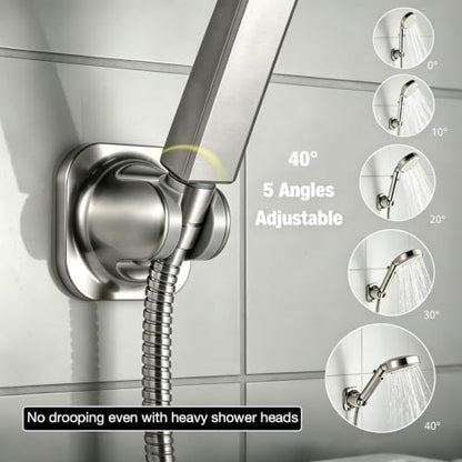 Handheld Shower Head Holder - 5 Angles Adjustable - Concealed Adhesive Mount with Screw Option - Wall Mount Shower Hose Holder (Brushed Nickle)