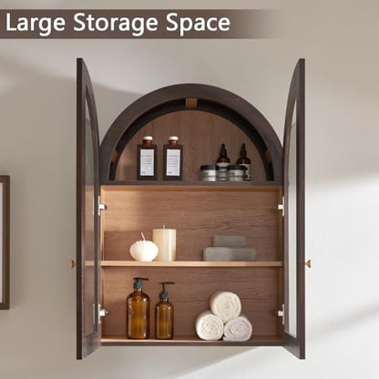 Bathroom Arched Wall Cabinet,23.5'' Wide Medicine Cabinet, Bathroom Cabinet Wall Mount W/Glass Doors & Adjustable Shelves, Over The Toilet Storage Cabinet for Laundry Room, Bedroom,Kitchen, Brown