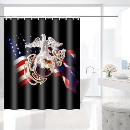 US Marine Corps American Pride Flag Shower Curtain with Hooks 72 x 72 Inch
