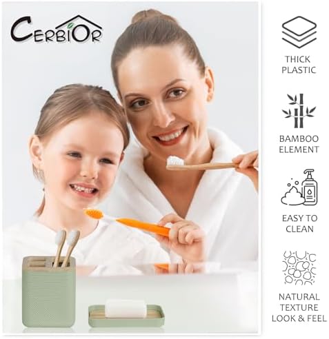 CERBIOR Bamboo Bathroom Accessory Set with Shower Curtain,Green,20PCS