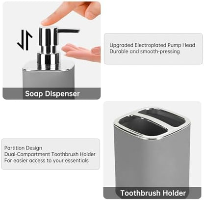 Grey Bathroom Accessories 2 Pcs, Soap Dispenser and Toothbrush Holder Set
