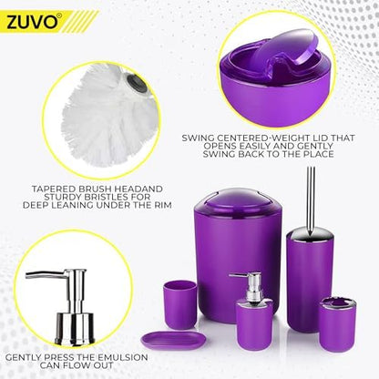 Bathroom Accessories Set 6 Piece -(Trashcan, Soap Dispenser, Toothbrush Holder, Soap Dish,Toilet Brush) for Decorative Countertop and Housewarming Gift (Purple)