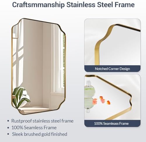 MIRRORART 20x28’’ Scalloped Gold Bathroom Mirror, Brushed Brass Metal Framed Decorative Wall Mirror, Elegant Rectangle Vanity Mirror for Bathroom, Bedroom & Entryway, Modern Farmhouse Home Remodel