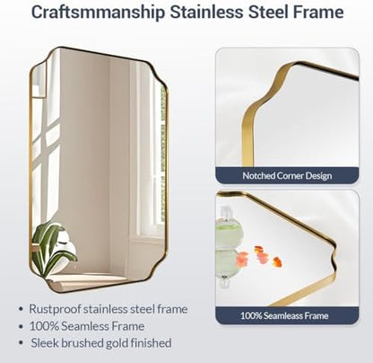 MIRRORART 20x28’’ Scalloped Gold Bathroom Mirror, Brushed Brass Metal Framed Decorative Wall Mirror, Elegant Rectangle Vanity Mirror for Bathroom, Bedroom & Entryway, Modern Farmhouse Home Remodel